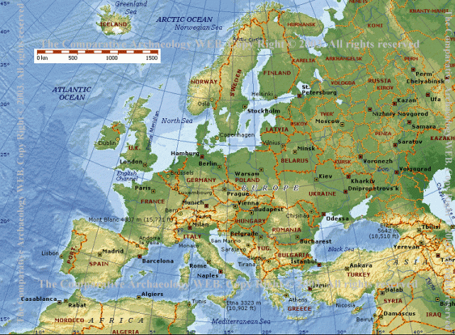 Európa domborzati- és vízrajzi térképe, országhatárokkal